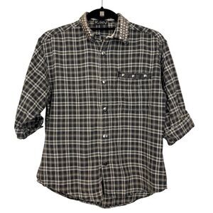 Riley Ranch Shirt Sz S Plaid Studded Cotton Distressed Short Sleeve Snap Western